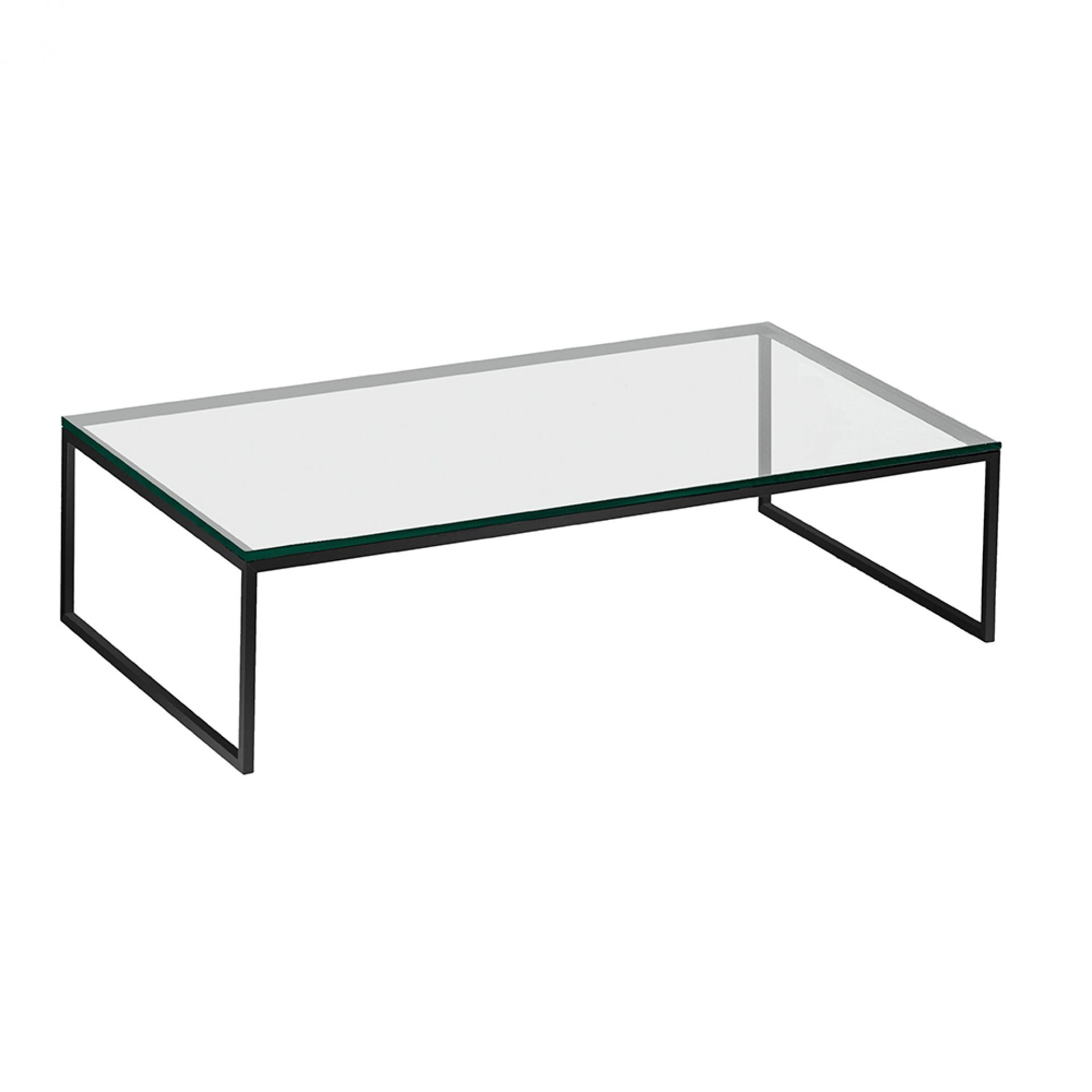 Less H 5/2 Couchtisch von Hans Hansen mit klarer Glasplatte und schwarzem Metallgestell.